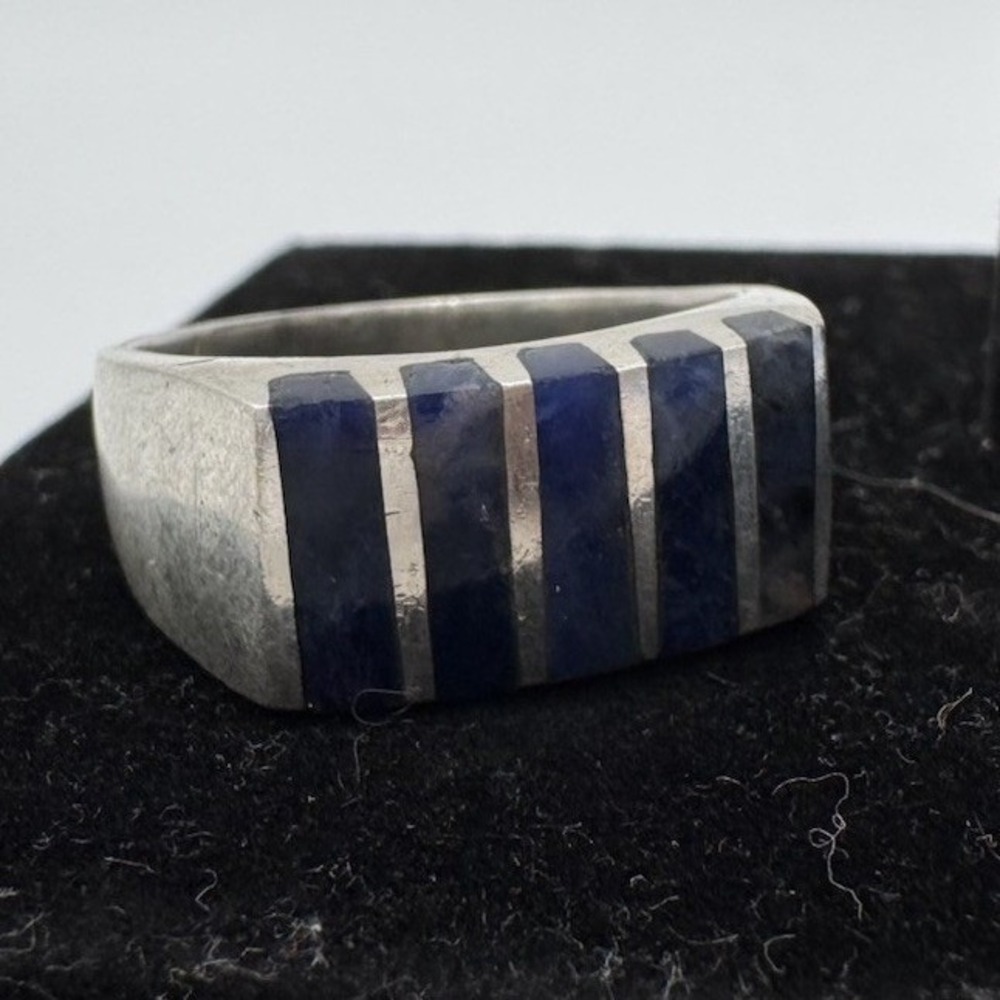 Vintage Taxco Mexico 925 Sterling Silver Blue Inlay Modernist Band Ring Size 11